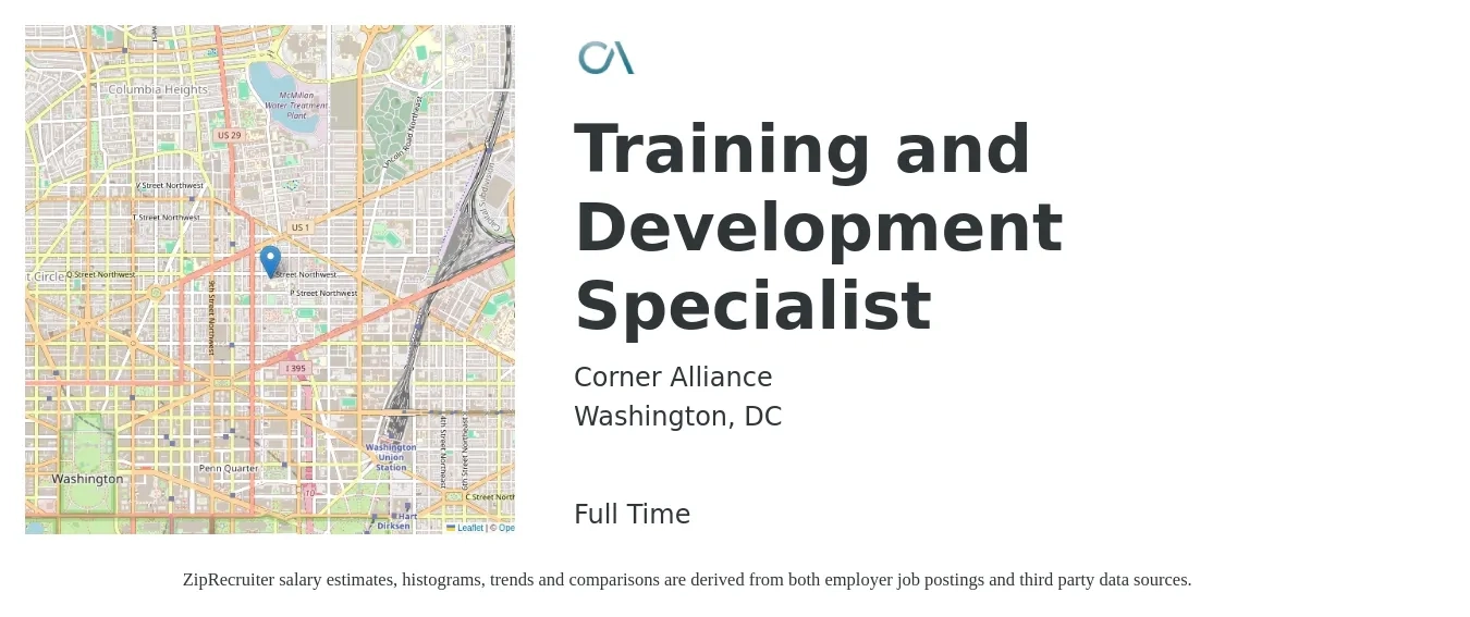 Corner Alliance job posting for a Training and Development Specialist in Washington, DC with a salary of $60,900 to $88,600 Yearly with a map of Washington location.
