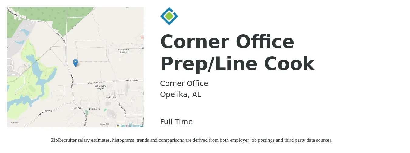 Corner Office job posting for a Corner Office Prep/Line Cook in Opelika, AL with a salary of $13 to $16 Hourly with a map of Opelika location.