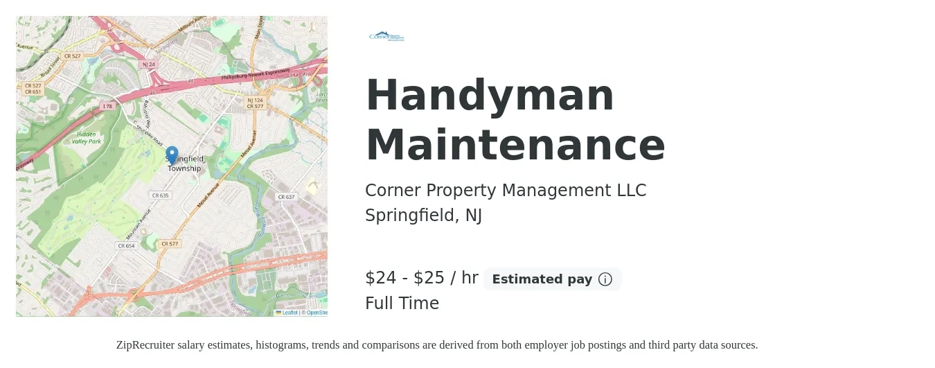 Corner Property Management LLC job posting for a Handyman Maintenance in Springfield, NJ with a salary of $25 to $27 Hourly with a map of Springfield location.
