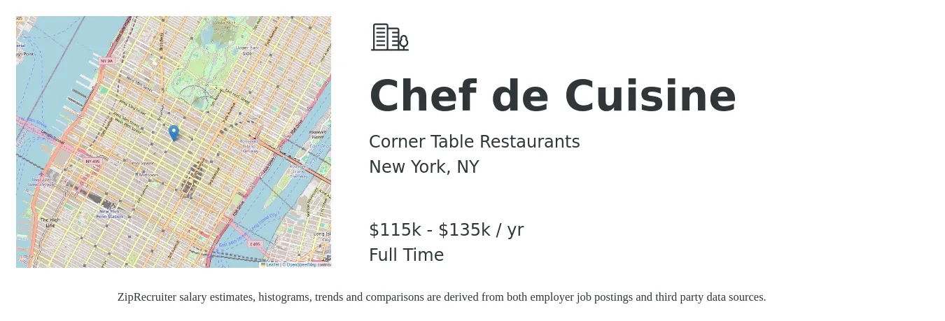 Corner Table Restaurants job posting for a Chef de Cuisine in New York, NY with a salary of $115,000 to $135,000 Yearly with a map of New York location.