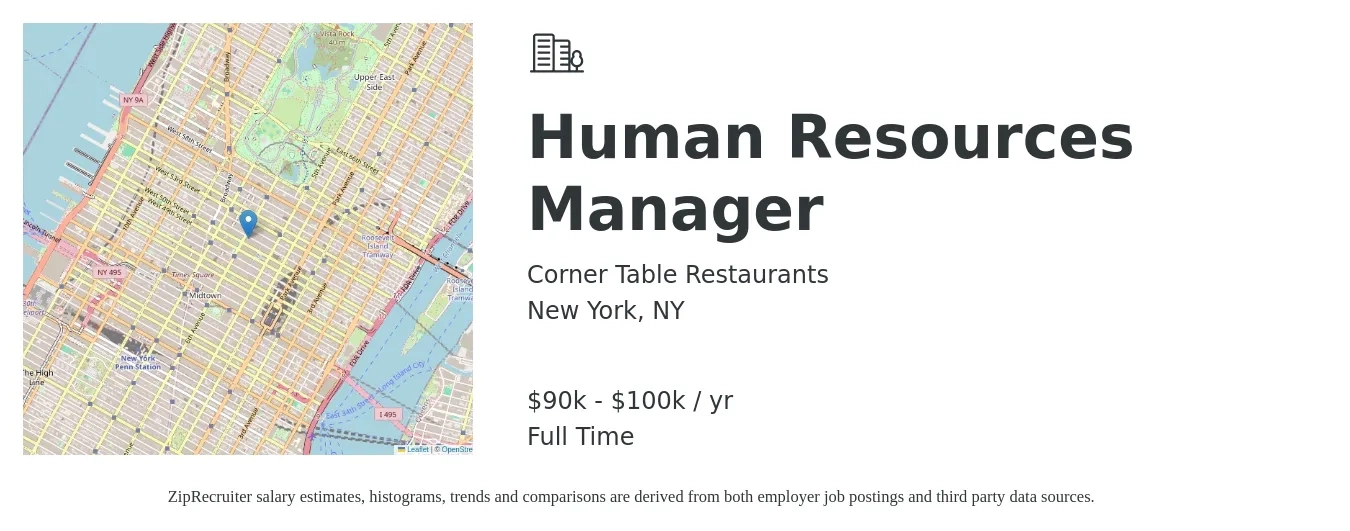 Corner Table Restaurants job posting for a Human Resources Manager in New York, NY with a salary of $90,000 to $100,000 Yearly with a map of New York location.