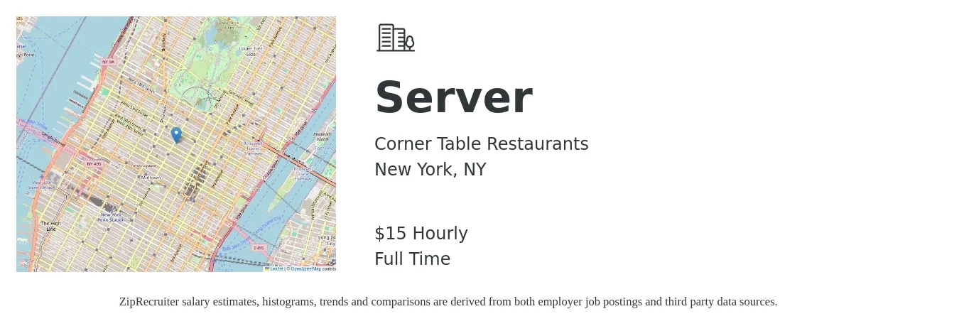 Corner Table Restaurants job posting for a Server in New York, NY with a salary of $16 Hourly with a map of New York location.