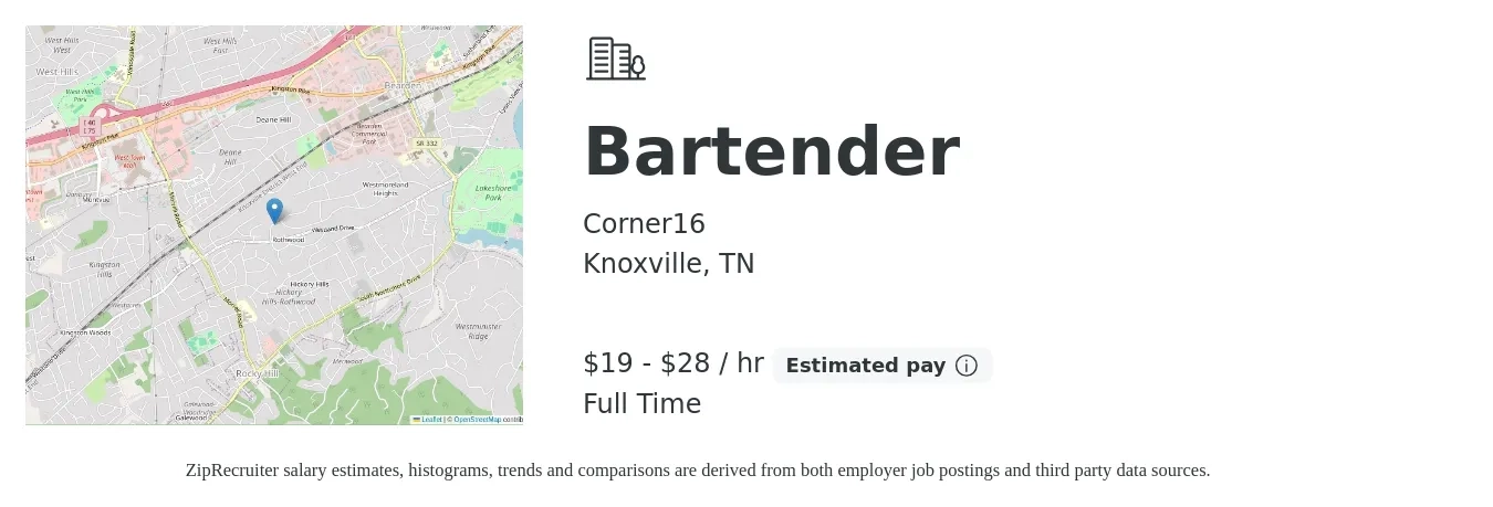 Corner16 job posting for a Bartender in Knoxville, TN with a salary of $20 to $30 Hourly with a map of Knoxville location.