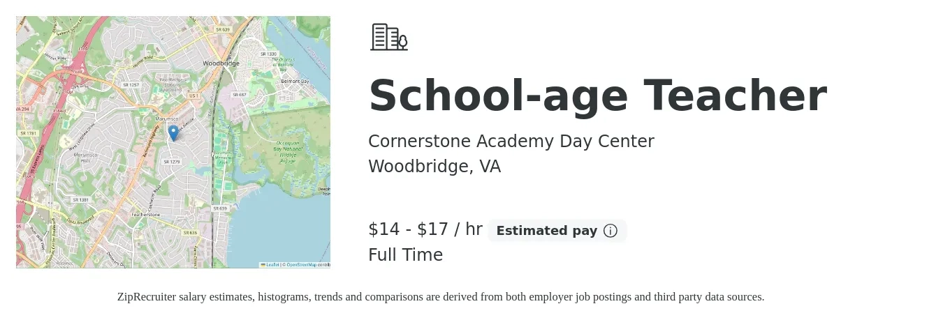 Cornerstone Academy Day Center job posting for a School-age Teacher in Woodbridge, VA with a salary of $15 to $18 Hourly with a map of Woodbridge location.