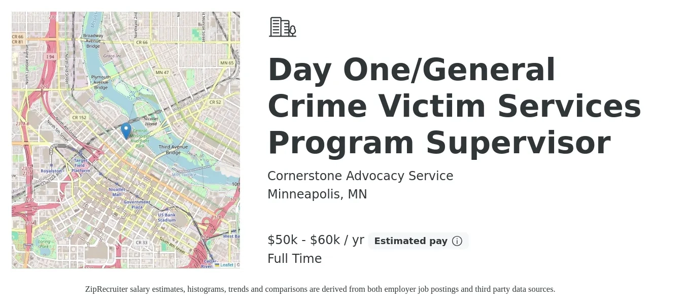 Cornerstone Advocacy Service job posting for a Day One/General Crime Victim Services Program Supervisor in Minneapolis, MN with a salary of $50,000 to $60,000 Yearly with a map of Minneapolis location.