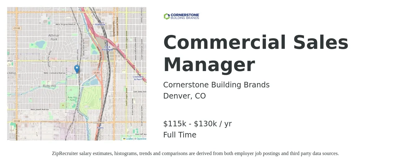 Cornerstone Building Brands job posting for a Commercial Sales Manager in Denver, CO with a salary of $115,000 to $130,000 Yearly with a map of Denver location.