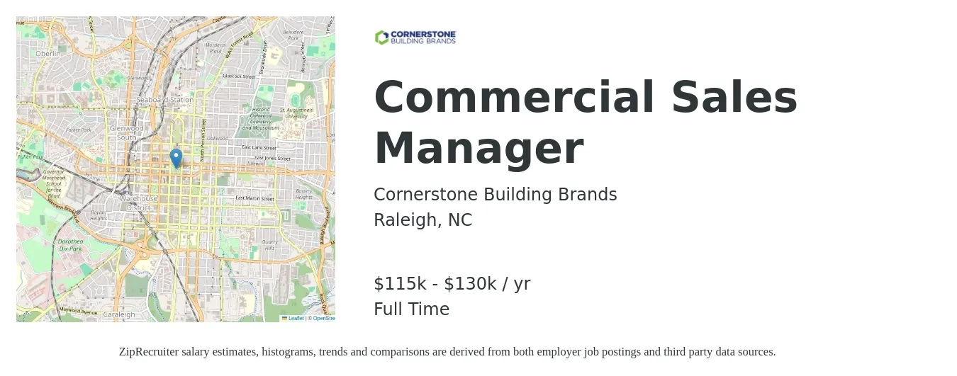Cornerstone Building Brands job posting for a Commercial Sales Manager in Raleigh, NC with a salary of $115,000 to $130,000 Yearly with a map of Raleigh location.