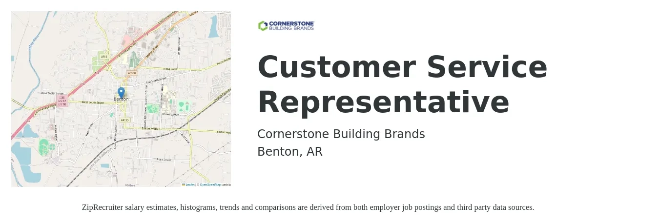 Cornerstone Building Brands job posting for a Customer Service Representative in Benton, AR with a salary of $14 to $18 Hourly with a map of Benton location.