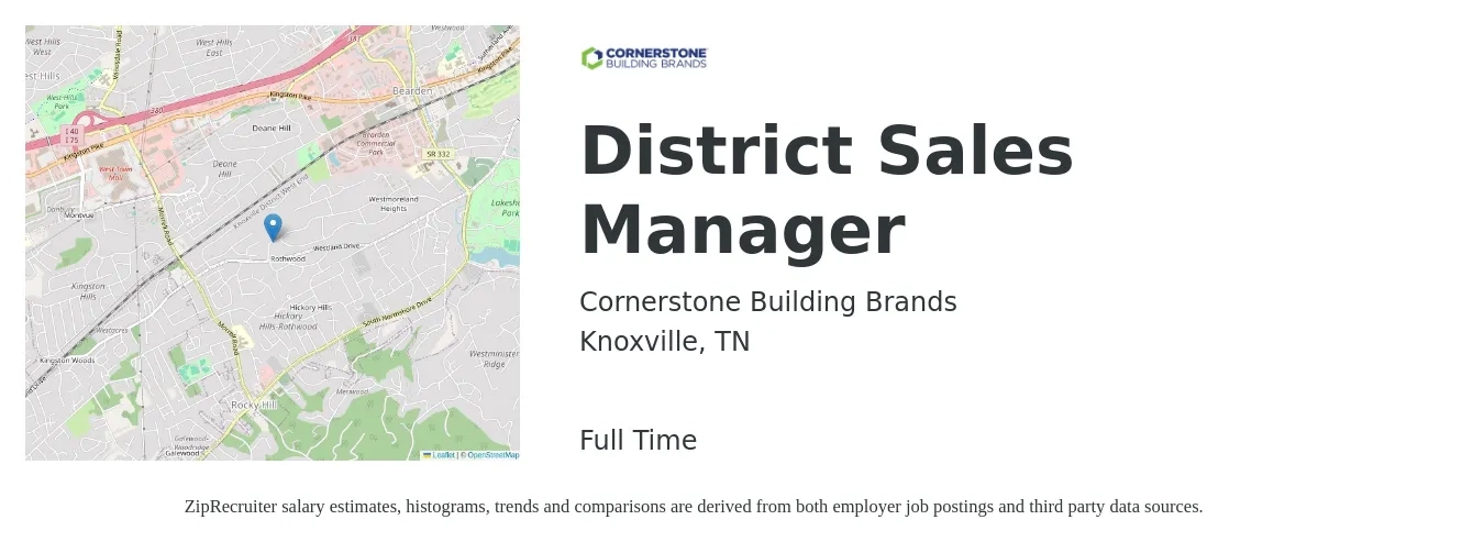 Cornerstone Building Brands job posting for a District Sales Manager in Knoxville, TN with a salary of $63,000 to $96,400 Yearly with a map of Knoxville location.