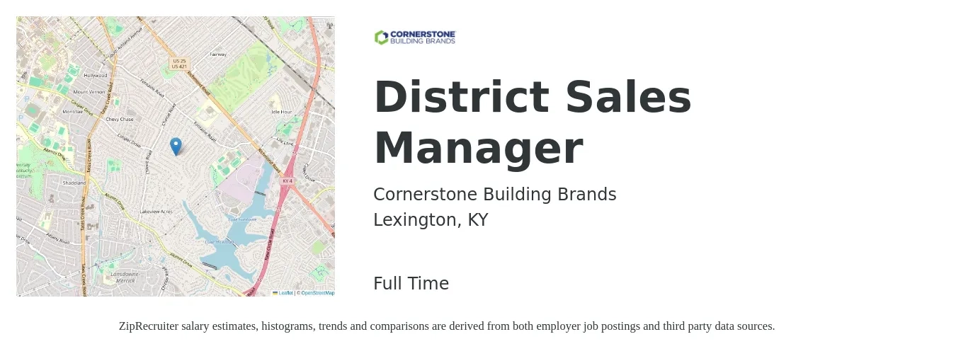 Cornerstone Building Brands job posting for a District Sales Manager in Lexington, KY with a salary of $65,600 to $100,400 Yearly with a map of Lexington location.