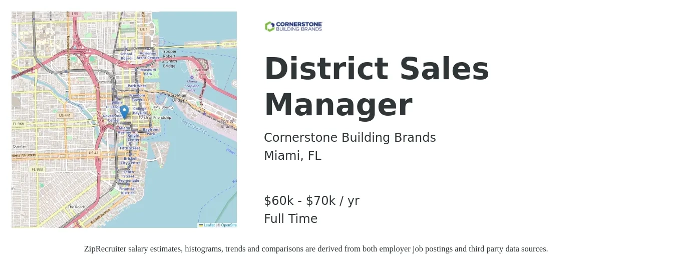 Cornerstone Building Brands job posting for a District Sales Manager in Miami, FL with a salary of $60,000 to $70,000 Yearly with a map of Miami location.
