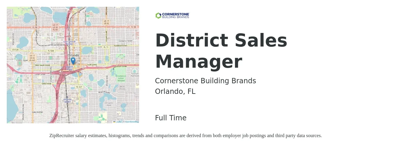 Cornerstone Building Brands job posting for a District Sales Manager in Orlando, FL with a salary of $60,000 to $70,000 Yearly with a map of Orlando location.