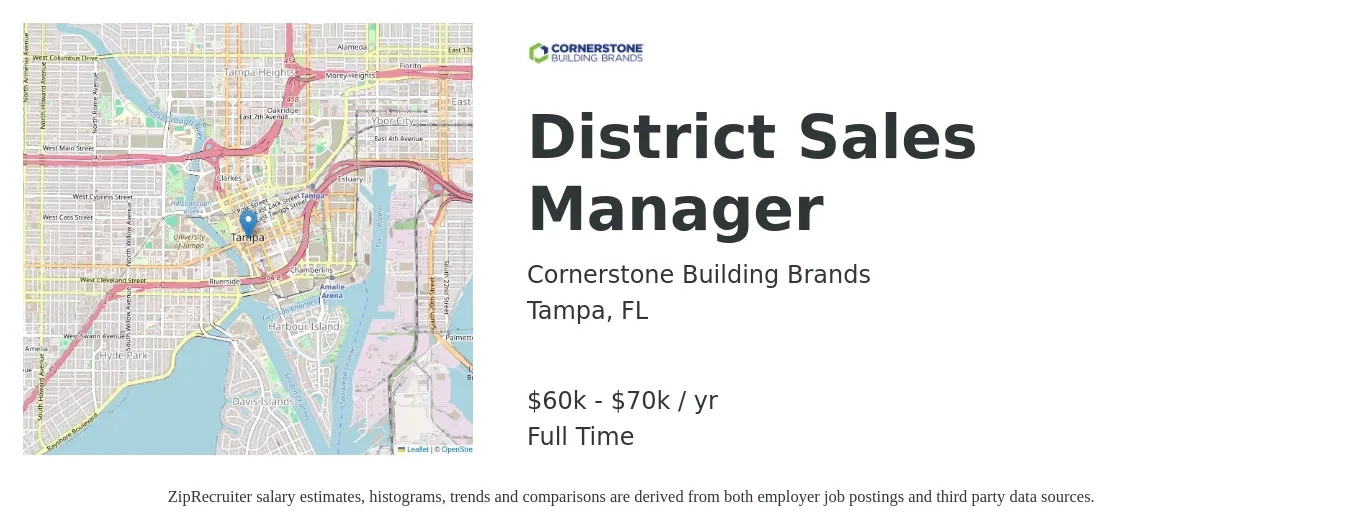 Cornerstone Building Brands job posting for a District Sales Manager in Tampa, FL with a salary of $60,000 to $70,000 Yearly with a map of Tampa location.