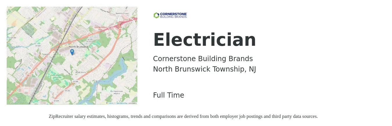 Cornerstone Building Brands job posting for a Electrician in North Brunswick Township, NJ with a salary of $38 Hourly with a map of North Brunswick Township location.