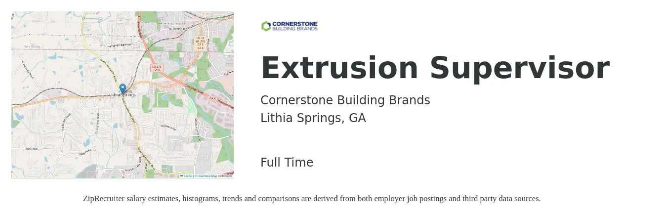 Cornerstone Building Brands job posting for a Extrusion Supervisor in Lithia Springs, GA with a salary of $54,900 to $115,200 Yearly with a map of Lithia Springs location.