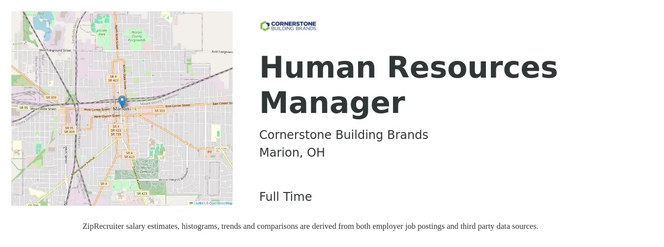 Cornerstone Building Brands job posting for a Human Resources Manager in Marion, OH with a salary of $60,100 to $87,000 Yearly with a map of Marion location.
