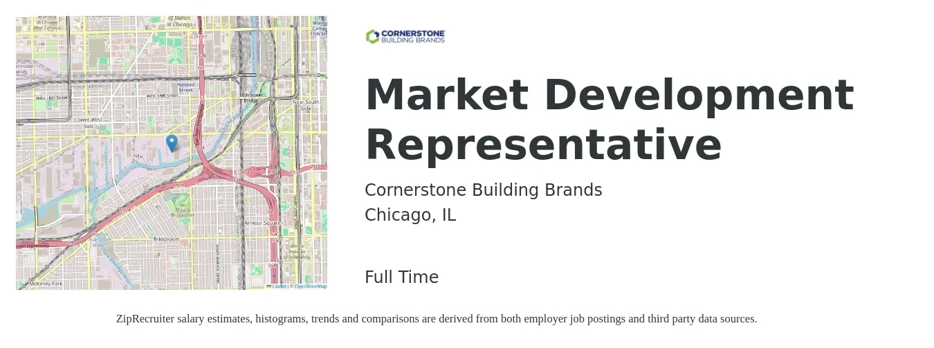 Cornerstone Building Brands job posting for a Market Development Representative in Chicago, IL with a salary of $70,000 to $75,000 Yearly with a map of Chicago location.