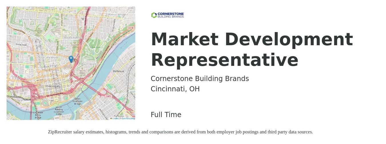Cornerstone Building Brands job posting for a Market Development Representative in Cincinnati, OH with a salary of $70,000 to $75,000 Yearly with a map of Cincinnati location.