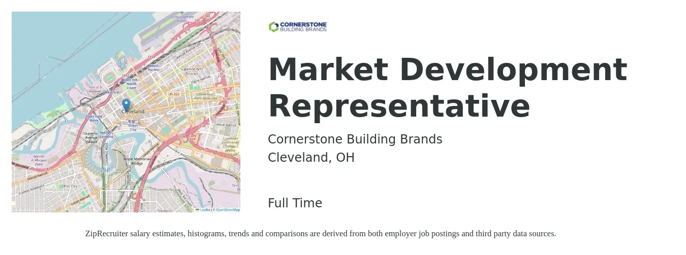 Cornerstone Building Brands job posting for a Market Development Representative in Cleveland, OH with a salary of $70,000 to $75,000 Yearly with a map of Cleveland location.