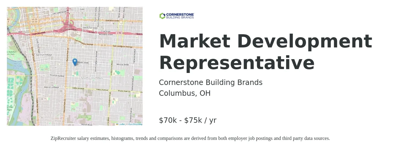Cornerstone Building Brands job posting for a Market Development Representative in Columbus, OH with a salary of $70,000 to $75,000 Yearly with a map of Columbus location.