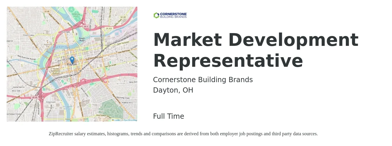 Cornerstone Building Brands job posting for a Market Development Representative in Dayton, OH with a salary of $70,000 to $75,000 Yearly with a map of Dayton location.