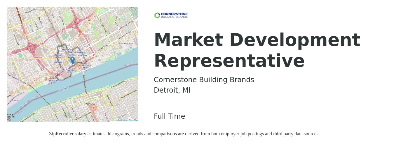 Cornerstone Building Brands job posting for a Market Development Representative in Detroit, MI with a salary of $70,000 to $75,000 Yearly with a map of Detroit location.