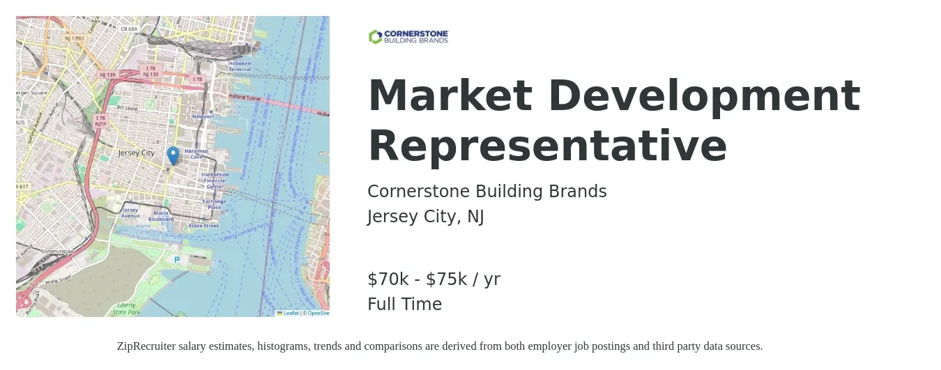 Cornerstone Building Brands job posting for a Market Development Representative in Jersey City, NJ with a salary of $70,000 to $75,000 Yearly with a map of Jersey City location.