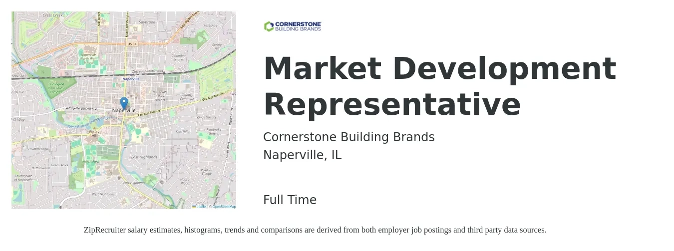 Cornerstone Building Brands job posting for a Market Development Representative in Naperville, IL with a salary of $70,000 to $75,000 Yearly with a map of Naperville location.