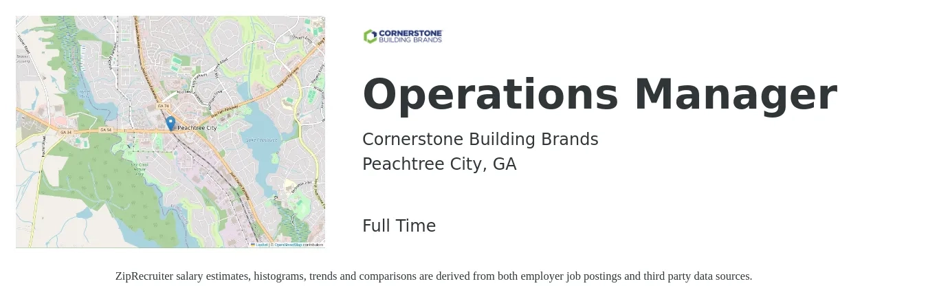 Cornerstone Building Brands job posting for a Operations Manager in Peachtree City, GA with a salary of $38,100 to $72,000 Yearly with a map of Peachtree City location.
