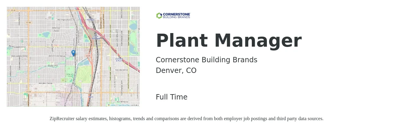 Cornerstone Building Brands job posting for a Plant Manager in Denver, CO with a salary of $93,700 to $144,600 Yearly with a map of Denver location.