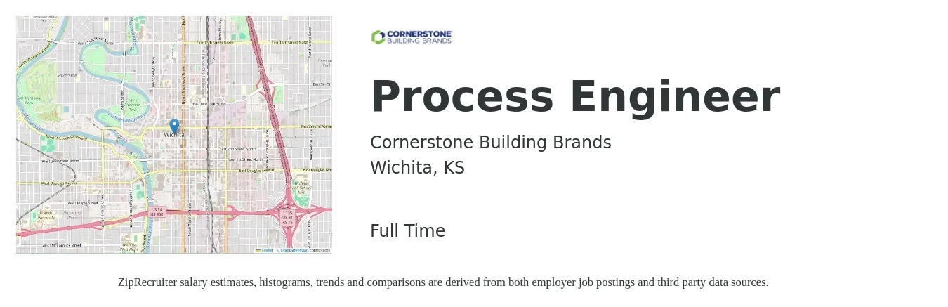 Cornerstone Building Brands job posting for a Process Engineer in Wichita, KS with a salary of $66,600 to $92,100 Yearly with a map of Wichita location.
