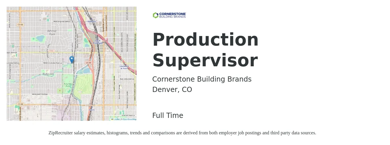 Cornerstone Building Brands job posting for a Production Supervisor in Denver, CO with a salary of $57,600 to $82,900 Yearly with a map of Denver location.