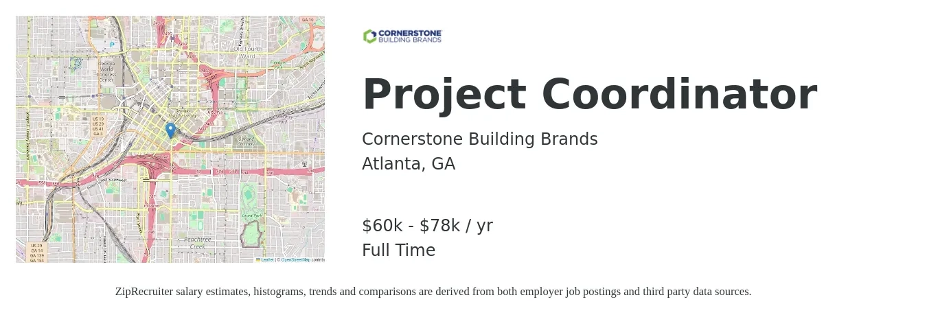 Cornerstone Building Brands job posting for a Project Coordinator in Atlanta, GA with a salary of $60,000 to $78,000 Yearly with a map of Atlanta location.