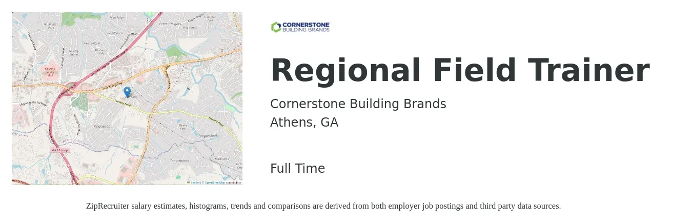 Cornerstone Building Brands job posting for a Regional Field Trainer in Athens, GA with a salary of $70,000 to $85,000 Yearly with a map of Athens location.