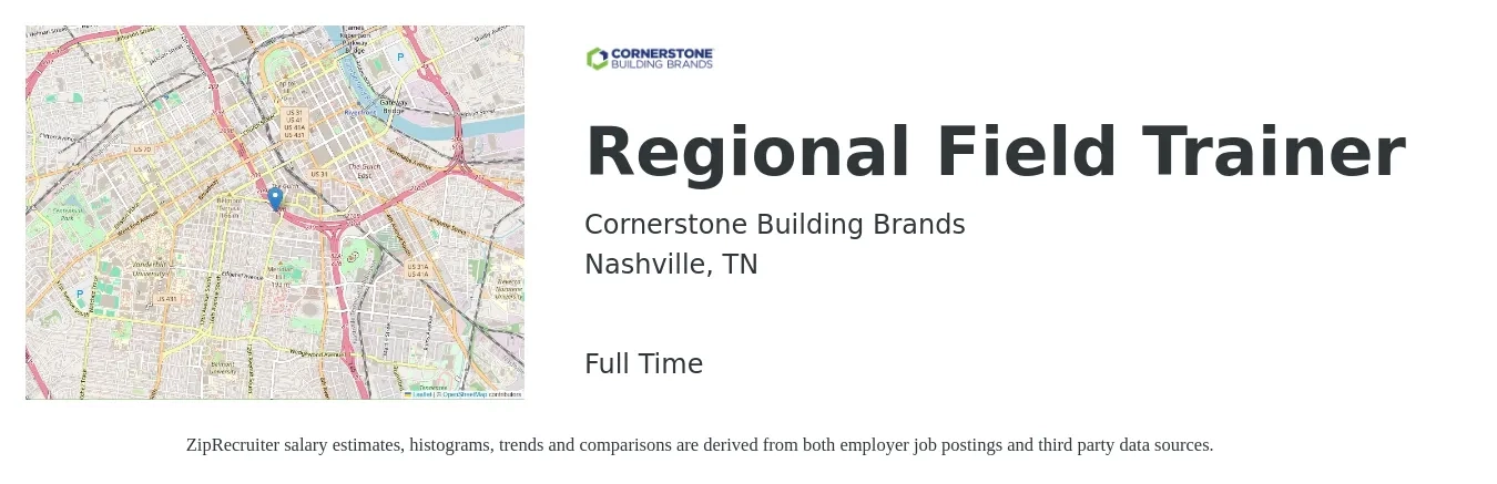 Cornerstone Building Brands job posting for a Regional Field Trainer in Nashville, TN with a salary of $70,000 to $85,000 Yearly with a map of Nashville location.