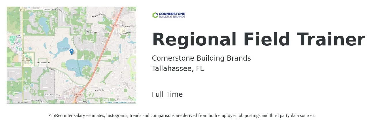 Cornerstone Building Brands job posting for a Regional Field Trainer in Tallahassee, FL with a salary of $70,000 to $85,000 Yearly with a map of Tallahassee location.