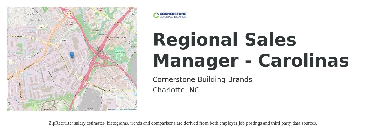Cornerstone Building Brands job posting for a Regional Sales Manager - Carolinas in Charlotte, NC with a salary of $70,300 to $109,900 Yearly with a map of Charlotte location.