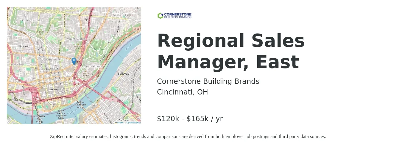 Cornerstone Building Brands job posting for a Regional Sales Manager, East in Cincinnati, OH with a salary of $120,000 to $165,000 Yearly with a map of Cincinnati location.