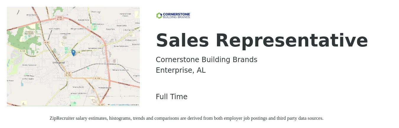 Cornerstone Building Brands job posting for a Sales Representative in Enterprise, AL with a salary of $42,400 to $73,700 Yearly with a map of Enterprise location.