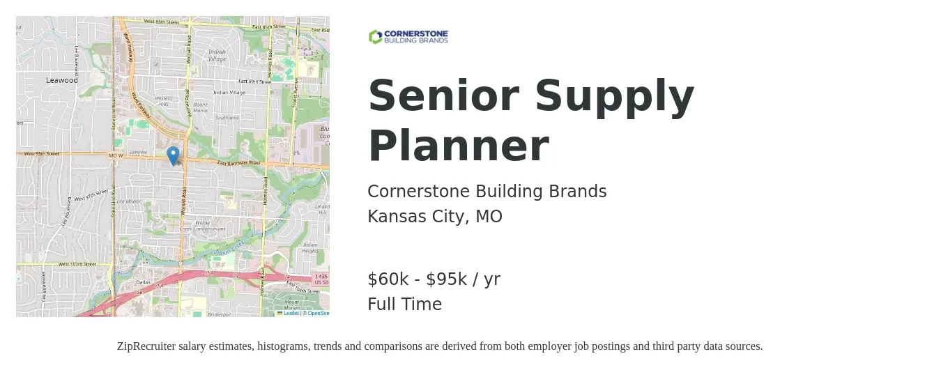 Cornerstone Building Brands job posting for a Senior Supply Planner in Kansas City, MO with a salary of $60,000 to $95,000 Yearly with a map of Kansas City location.