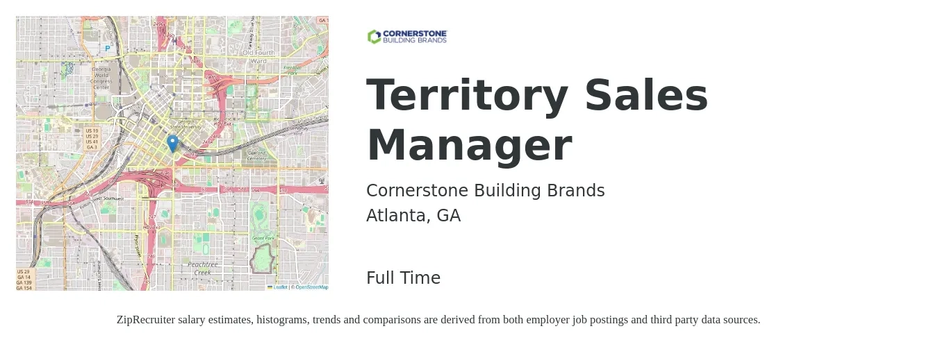 Cornerstone Building Brands job posting for a Territory Sales Manager in Atlanta, GA with a salary of $75,000 Yearly with a map of Atlanta location.