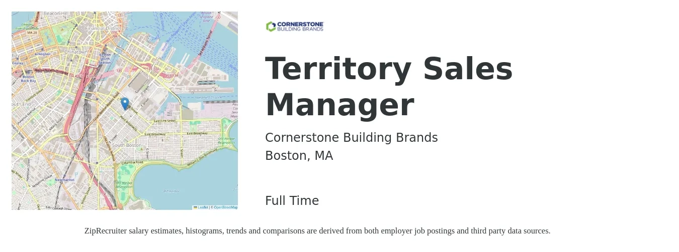 Cornerstone Building Brands job posting for a Territory Sales Manager in Boston, MA with a salary of $75,000 Yearly with a map of Boston location.