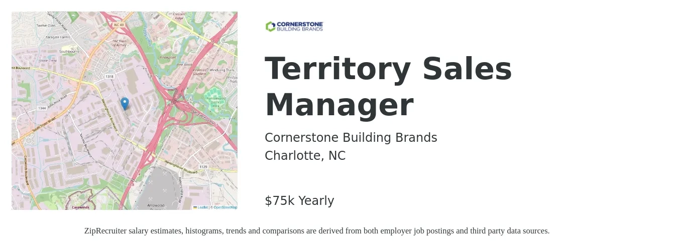 Cornerstone Building Brands job posting for a Territory Sales Manager in Charlotte, NC with a salary of $75,000 Yearly with a map of Charlotte location.