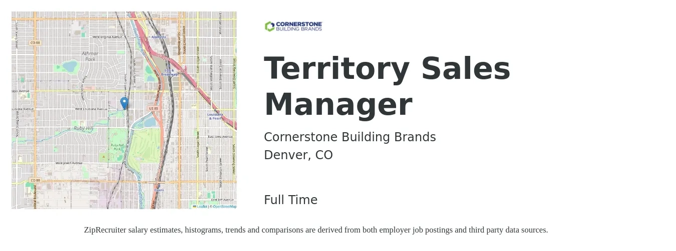 Cornerstone Building Brands job posting for a Territory Sales Manager in Denver, CO with a salary of $75,000 Yearly with a map of Denver location.