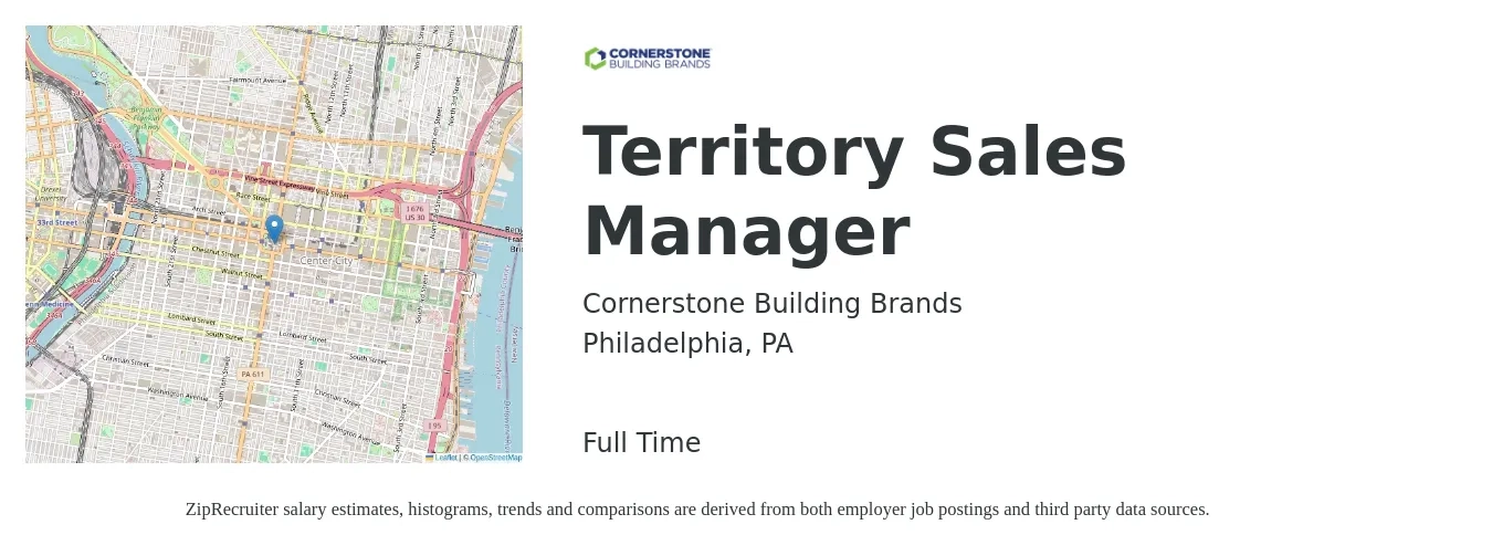 Cornerstone Building Brands job posting for a Territory Sales Manager in Philadelphia, PA with a salary of $75,000 Yearly with a map of Philadelphia location.