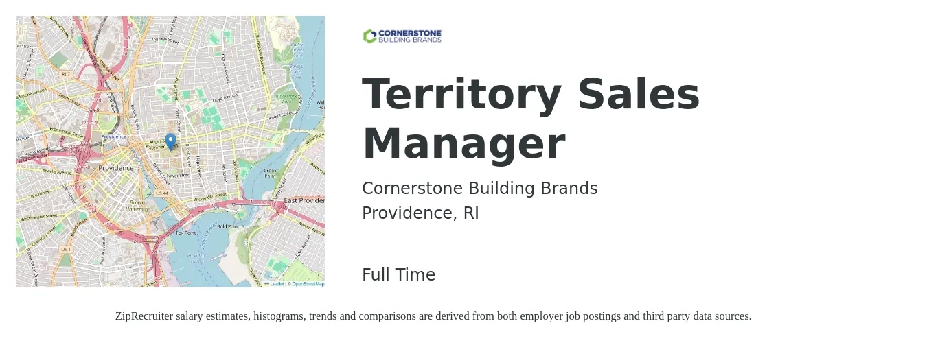 Cornerstone Building Brands job posting for a Territory Sales Manager in Providence, RI with a salary of $65,200 to $100,000 Yearly with a map of Providence location.