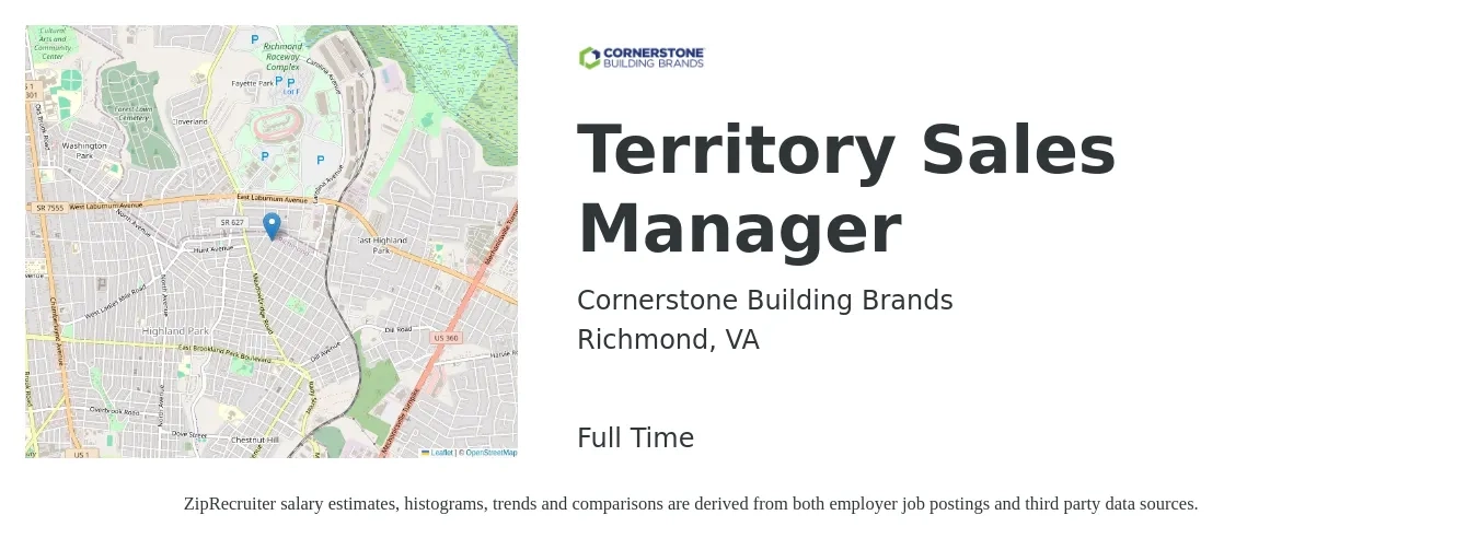 Cornerstone Building Brands job posting for a Territory Sales Manager in Richmond, VA with a salary of $75,000 Yearly with a map of Richmond location.