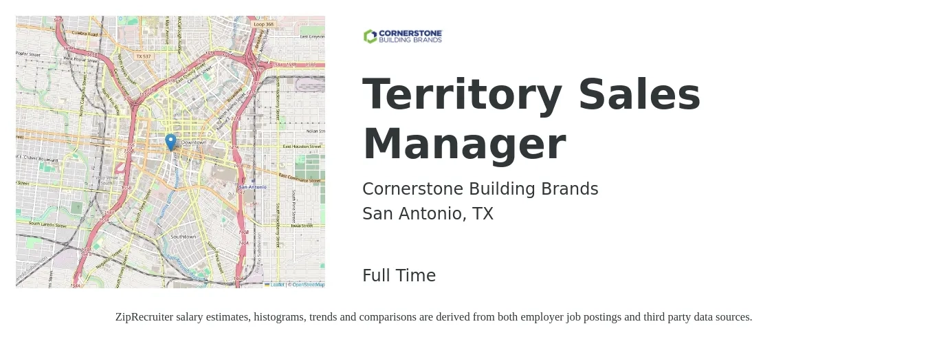 Cornerstone Building Brands job posting for a Territory Sales Manager in San Antonio, TX with a salary of $110,000 to $130,000 Yearly with a map of San Antonio location.