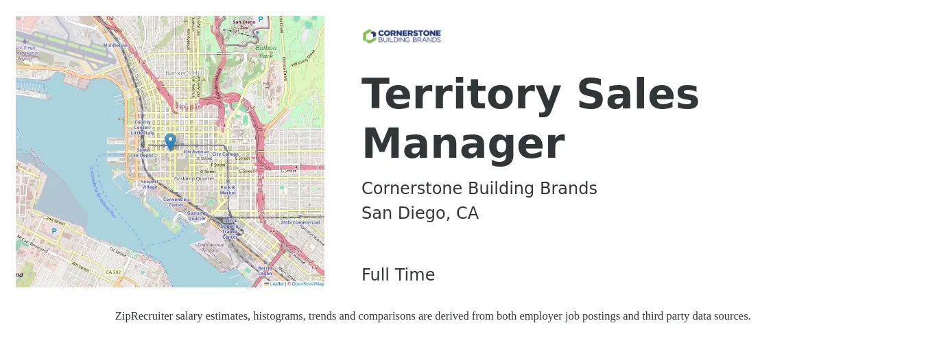 Cornerstone Building Brands job posting for a Territory Sales Manager in San Diego, CA with a salary of $120,000 to $150,000 Yearly with a map of San Diego location.