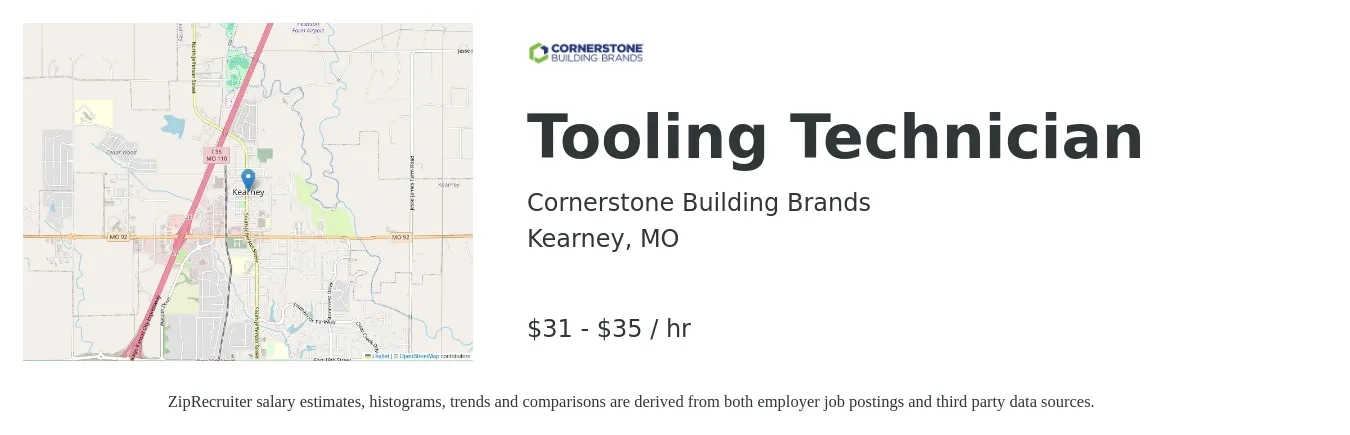 Cornerstone Building Brands job posting for a Tooling Technician in Kearney, MO with a salary of $33 to $37 Hourly with a map of Kearney location.